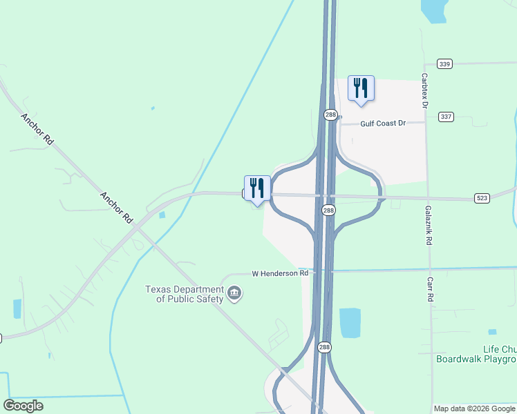 map of restaurants, bars, coffee shops, grocery stores, and more near 19477 Farm to Market Road 523 in Angleton