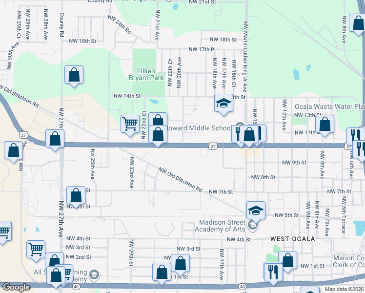 map of restaurants, bars, coffee shops, grocery stores, and more near Northwest 20th Avenue in Ocala