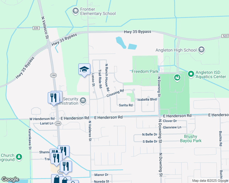map of restaurants, bars, coffee shops, grocery stores, and more near 3 Sarita Court in Angleton