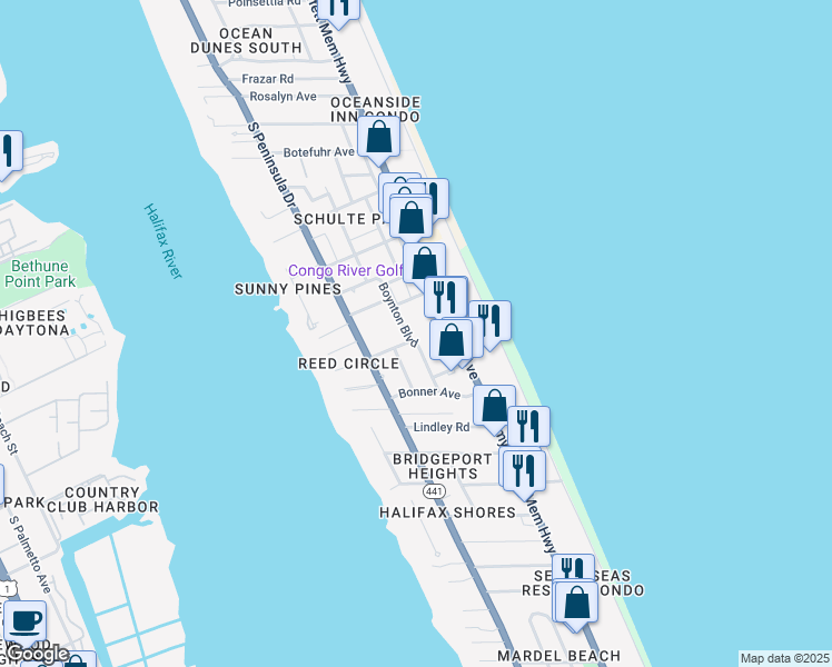map of restaurants, bars, coffee shops, grocery stores, and more near 141 Boynton Boulevard in Daytona Beach