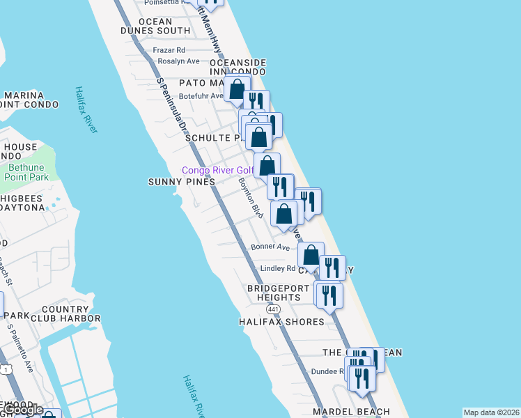 map of restaurants, bars, coffee shops, grocery stores, and more near 141 Boynton Boulevard in Daytona Beach