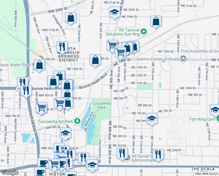 map of restaurants, bars, coffee shops, grocery stores, and more near 1109 Northeast 8th Avenue in Ocala