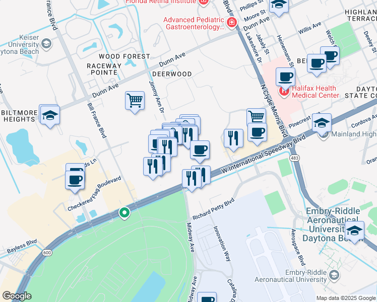 map of restaurants, bars, coffee shops, grocery stores, and more near 1700 West International Speedway Boulevard in Daytona Beach