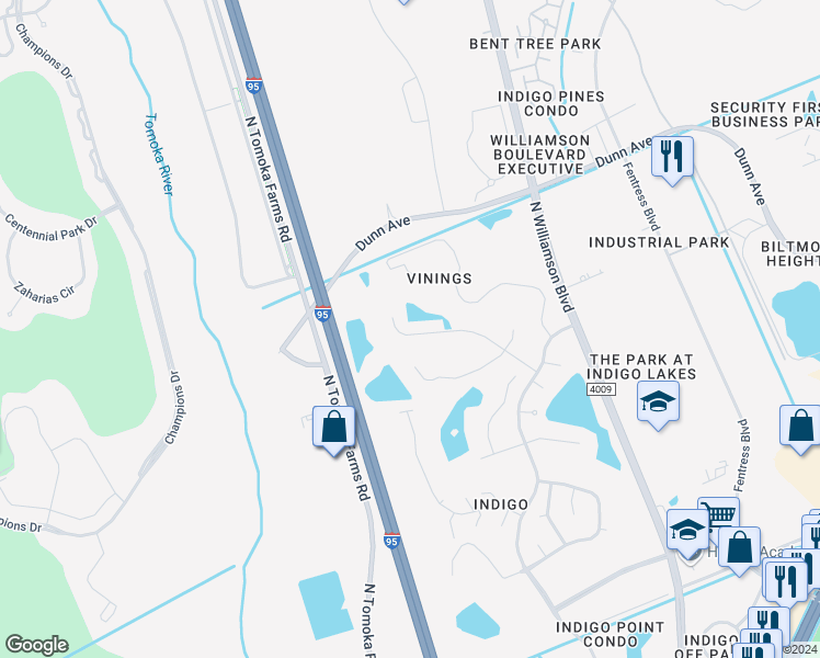 map of restaurants, bars, coffee shops, grocery stores, and more near 262 Glenbriar Circle in Daytona Beach