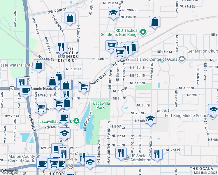 map of restaurants, bars, coffee shops, grocery stores, and more near 1109 Northeast 8th Avenue in Ocala