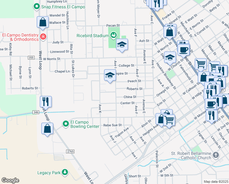 map of restaurants, bars, coffee shops, grocery stores, and more near 1006 Roberts Street in El Campo