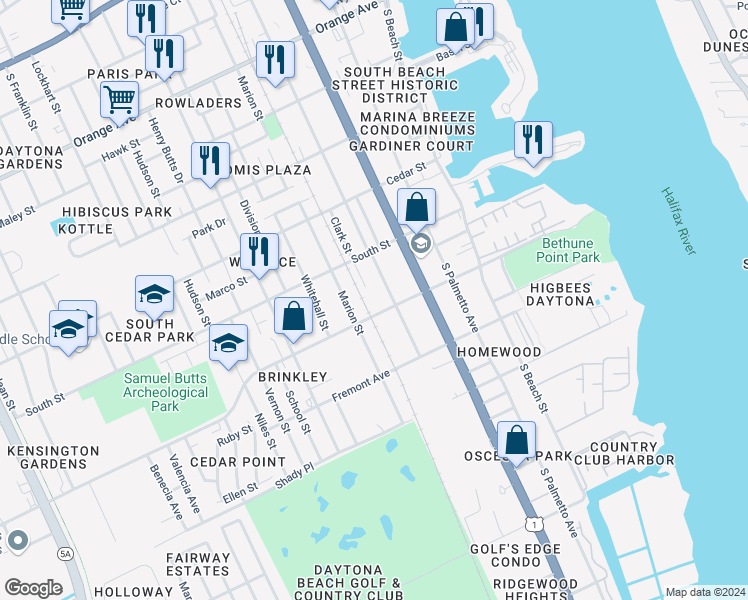 map of restaurants, bars, coffee shops, grocery stores, and more near 418 Bellevue Avenue in Daytona Beach
