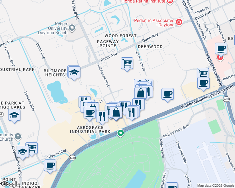 map of restaurants, bars, coffee shops, grocery stores, and more near 259 Bill France Boulevard in Daytona Beach
