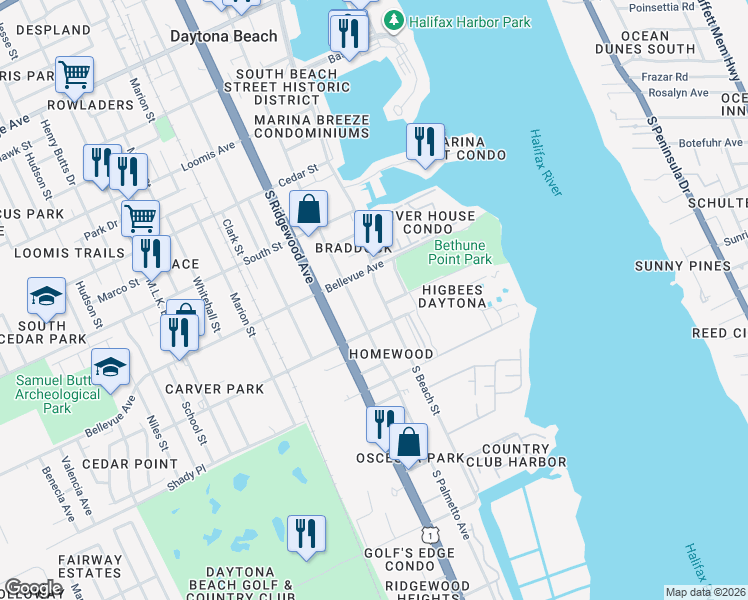 map of restaurants, bars, coffee shops, grocery stores, and more near 820 South Beach Street in Daytona Beach