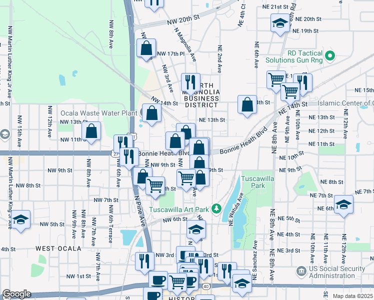 map of restaurants, bars, coffee shops, grocery stores, and more near 33 Bonnie Heath Boulevard in Ocala