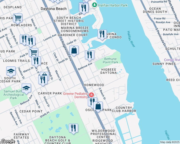 map of restaurants, bars, coffee shops, grocery stores, and more near 820 South Beach Street in Daytona Beach