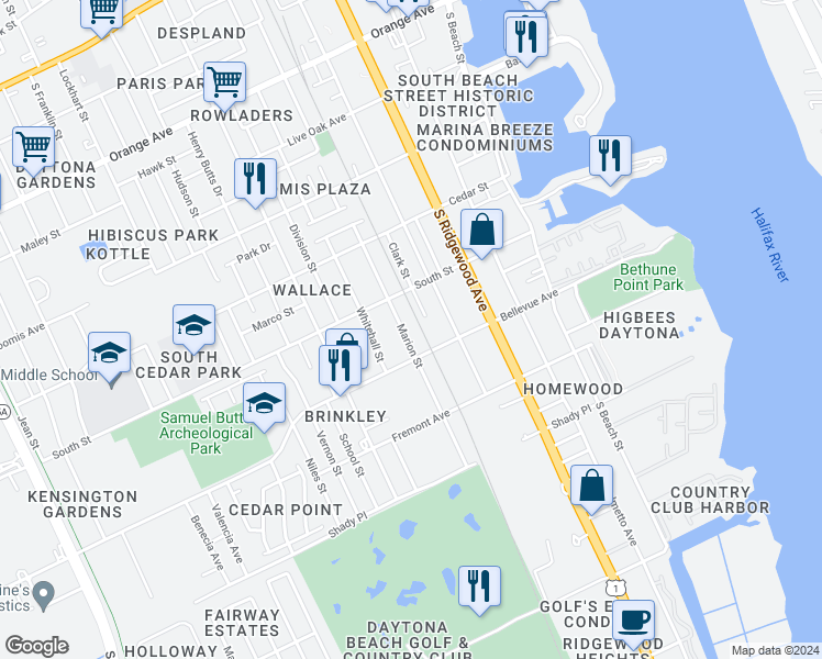 map of restaurants, bars, coffee shops, grocery stores, and more near 724 Marion Street in Daytona Beach