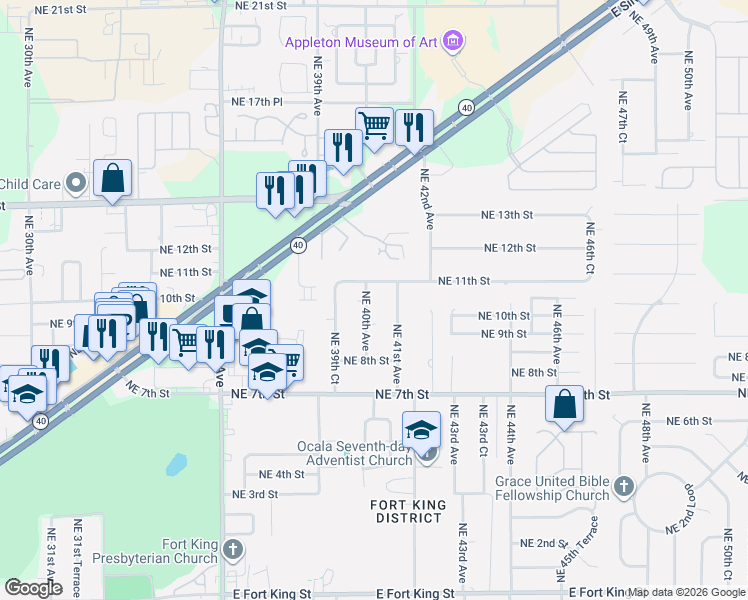 map of restaurants, bars, coffee shops, grocery stores, and more near 1031 Northeast 40th Avenue in Ocala