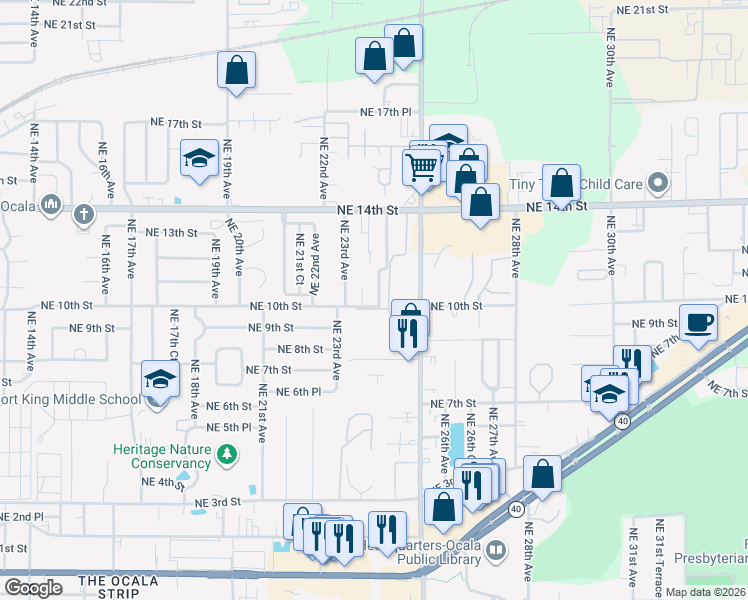 map of restaurants, bars, coffee shops, grocery stores, and more near 1020 Northeast 24th Avenue in Ocala