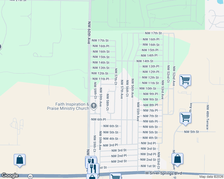 map of restaurants, bars, coffee shops, grocery stores, and more near 1171 Northwest 57th Court in Ocala