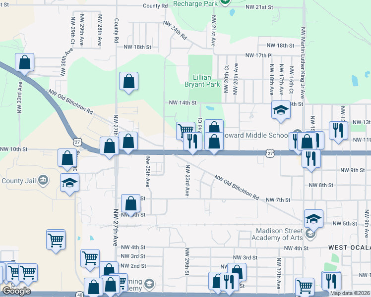map of restaurants, bars, coffee shops, grocery stores, and more near 2331 Northwest 10th Street in Ocala