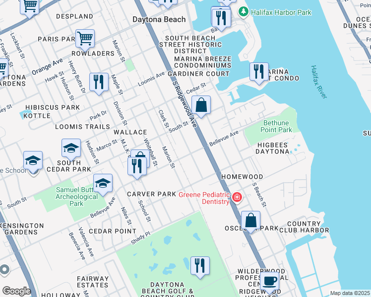 map of restaurants, bars, coffee shops, grocery stores, and more near 418 Bellevue Avenue in Daytona Beach