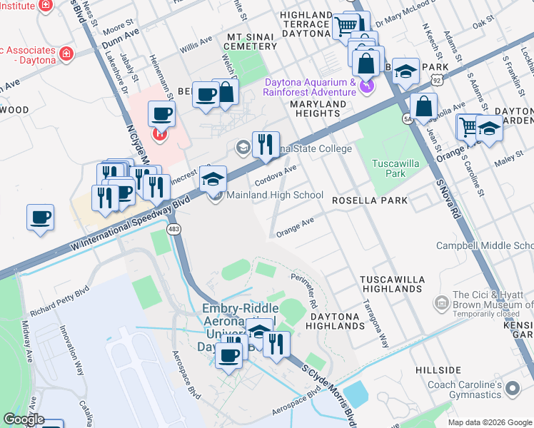 map of restaurants, bars, coffee shops, grocery stores, and more near 1159 Magnolia Avenue in Daytona Beach