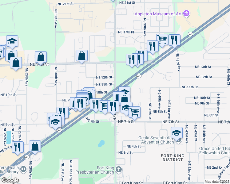 map of restaurants, bars, coffee shops, grocery stores, and more near 3529 East Silver Springs Boulevard in Ocala