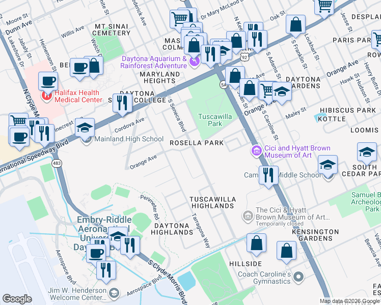 map of restaurants, bars, coffee shops, grocery stores, and more near 308 South Seneca Boulevard in Daytona Beach
