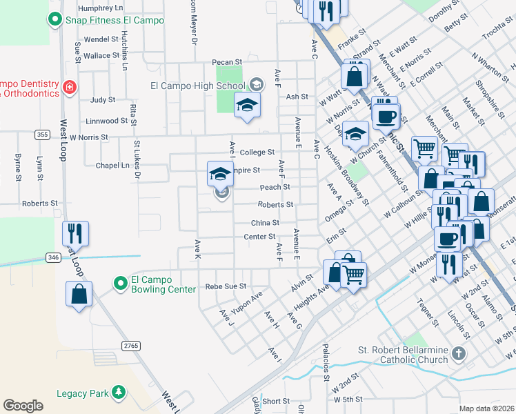 map of restaurants, bars, coffee shops, grocery stores, and more near 911 Roberts Street in El Campo