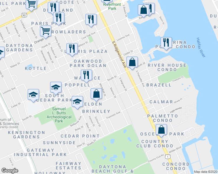 map of restaurants, bars, coffee shops, grocery stores, and more near 724 Marion Street in Daytona Beach