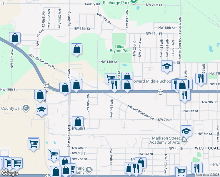 map of restaurants, bars, coffee shops, grocery stores, and more near 2331 Northwest 10th Street in Ocala