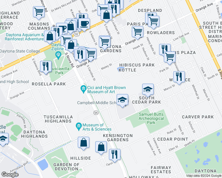map of restaurants, bars, coffee shops, grocery stores, and more near 883 Loomis Avenue in Daytona Beach