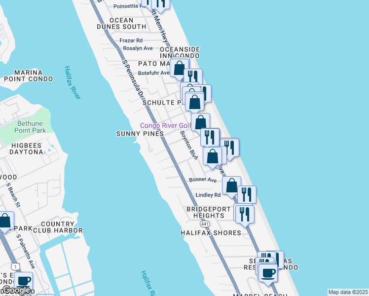 map of restaurants, bars, coffee shops, grocery stores, and more near 141 Boynton Boulevard in Daytona Beach