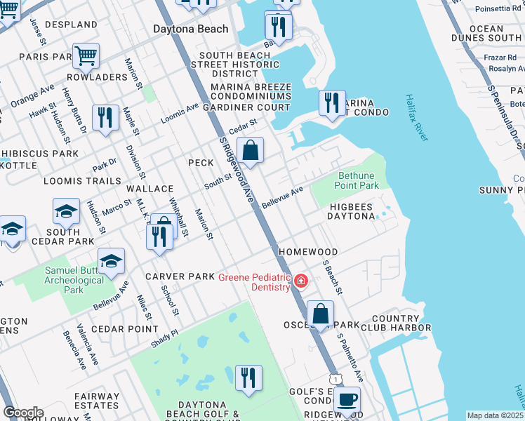 map of restaurants, bars, coffee shops, grocery stores, and more near 215 Bellevue Avenue in Daytona Beach