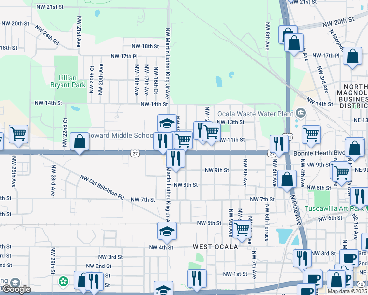 map of restaurants, bars, coffee shops, grocery stores, and more near 1015 Northwest 14th Avenue in Ocala