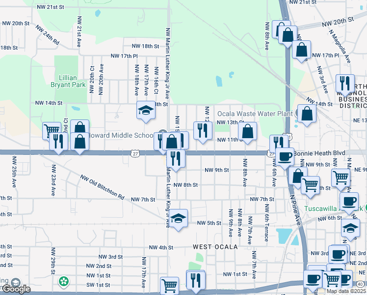 map of restaurants, bars, coffee shops, grocery stores, and more near 1015 Northwest 14th Avenue in Ocala
