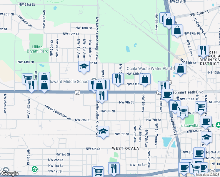 map of restaurants, bars, coffee shops, grocery stores, and more near 1015 NW 14th Ave in Ocala