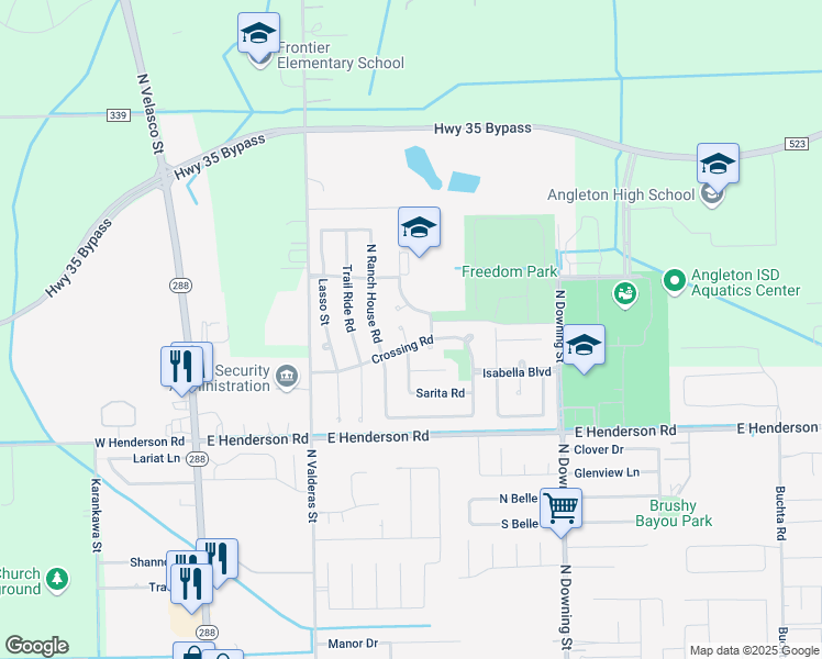 map of restaurants, bars, coffee shops, grocery stores, and more near 3 Sarita Court in Angleton