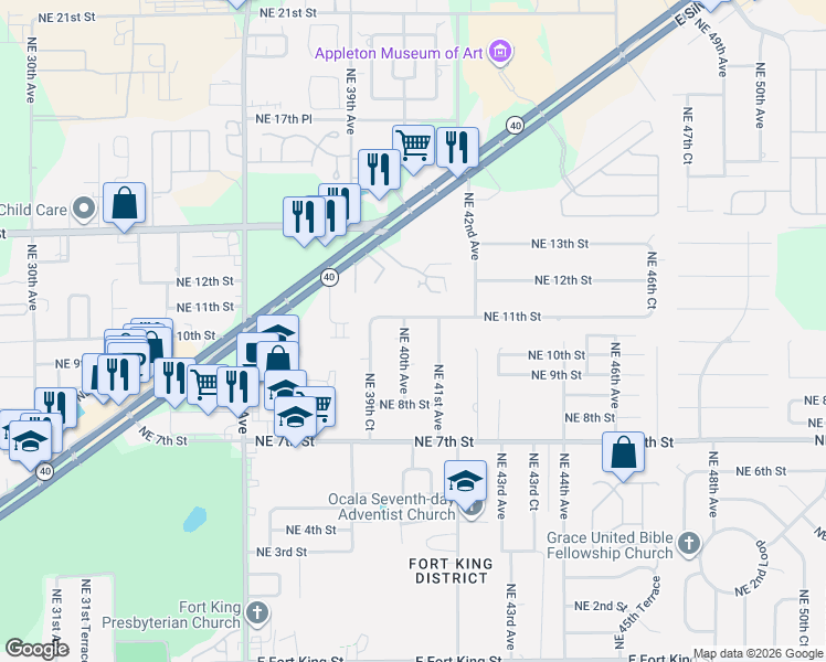 map of restaurants, bars, coffee shops, grocery stores, and more near 1031 Northeast 40th Avenue in Ocala