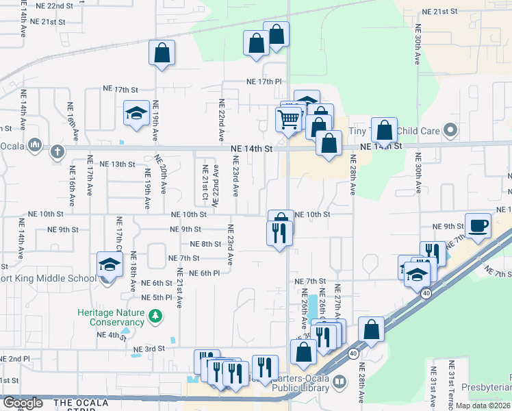map of restaurants, bars, coffee shops, grocery stores, and more near 1020 Northeast 24th Avenue in Ocala