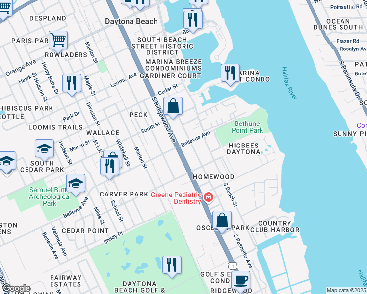 map of restaurants, bars, coffee shops, grocery stores, and more near 215 Bellevue Avenue in Daytona Beach