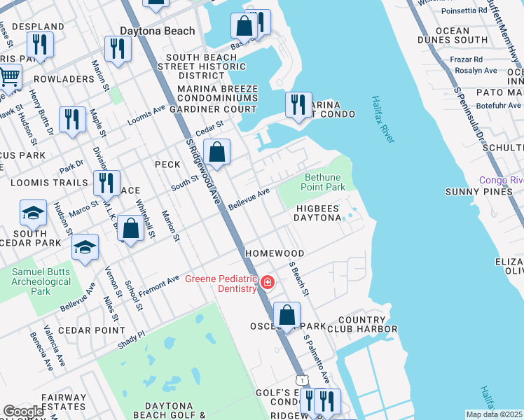 map of restaurants, bars, coffee shops, grocery stores, and more near 820 South Beach Street in Daytona Beach