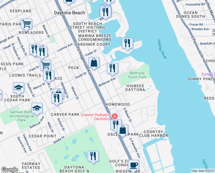 map of restaurants, bars, coffee shops, grocery stores, and more near 820 South Beach Street in Daytona Beach