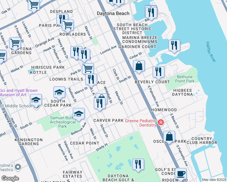 map of restaurants, bars, coffee shops, grocery stores, and more near 724 Marion Street in Daytona Beach