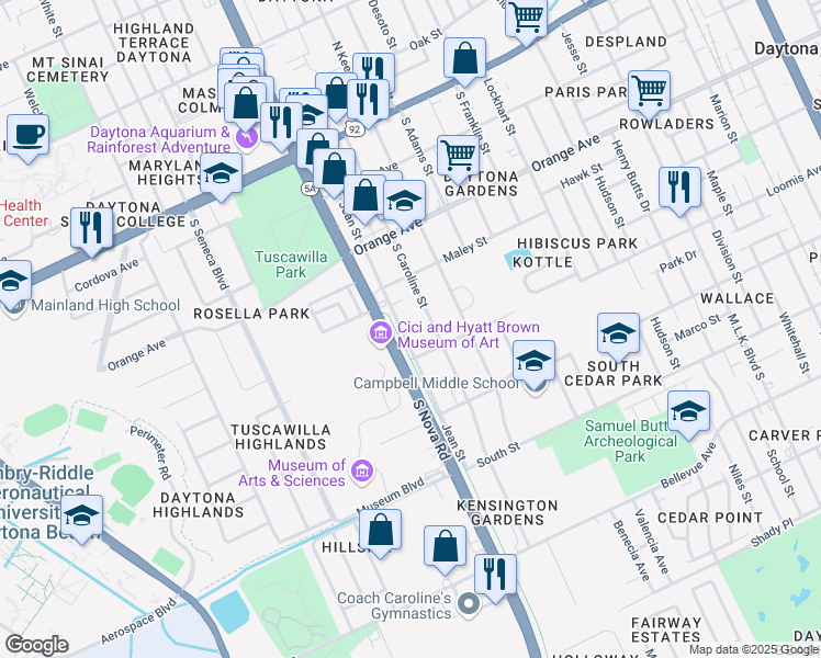 map of restaurants, bars, coffee shops, grocery stores, and more near 413 Jean Street in Daytona Beach