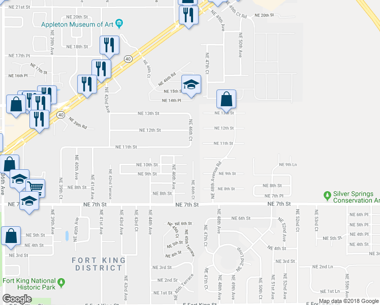 map of restaurants, bars, coffee shops, grocery stores, and more near 4642 Northeast 11th Street in Ocala