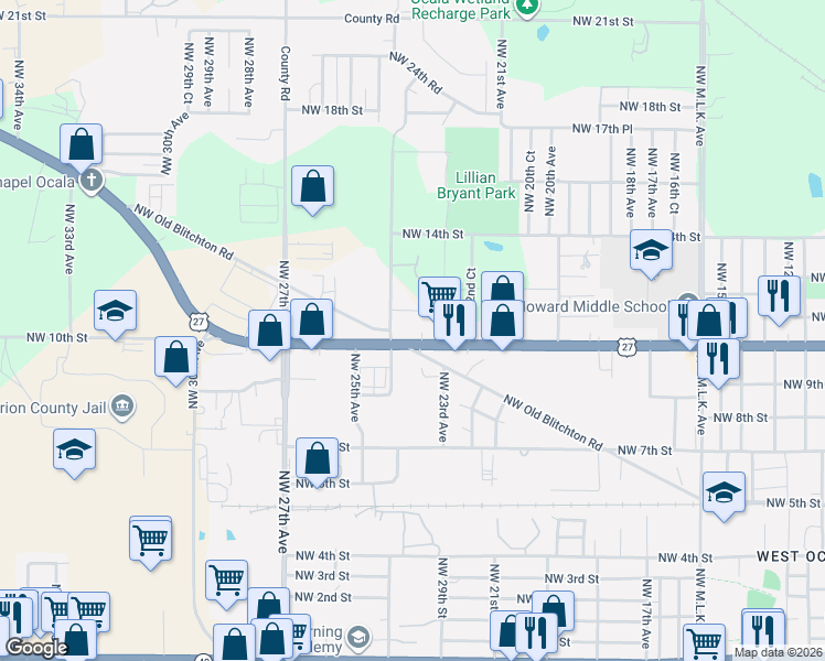 map of restaurants, bars, coffee shops, grocery stores, and more near 2353 Northwest 10th Street in Ocala