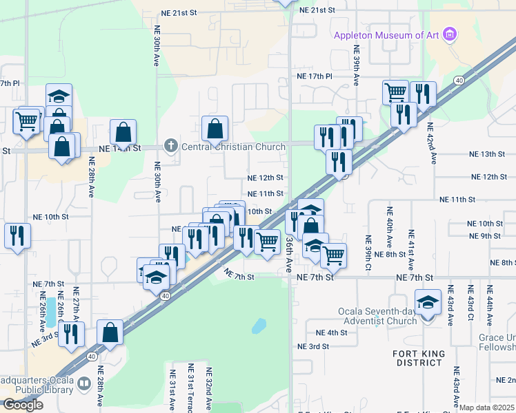 map of restaurants, bars, coffee shops, grocery stores, and more near 3433 Northeast 10th Street in Ocala