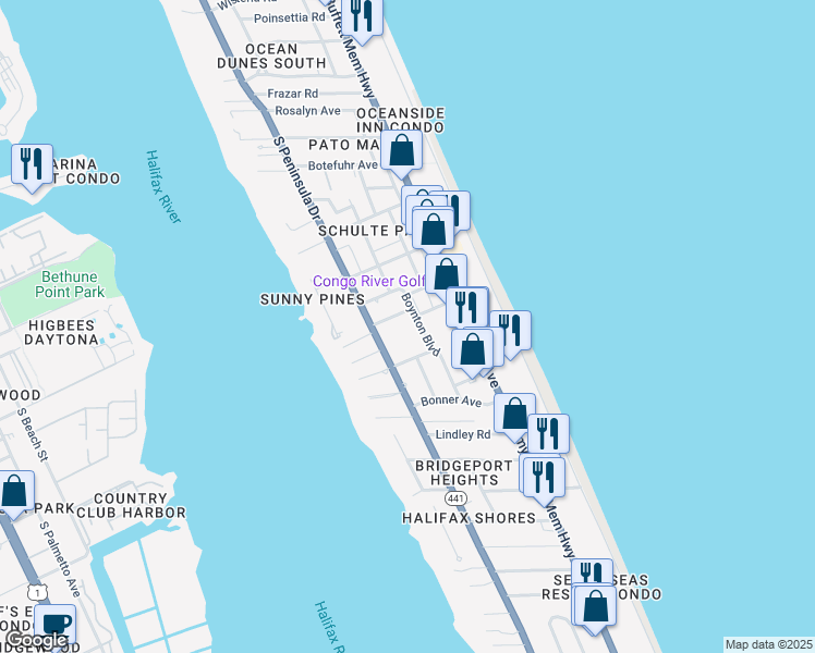 map of restaurants, bars, coffee shops, grocery stores, and more near 134 Boynton Boulevard in Daytona Beach