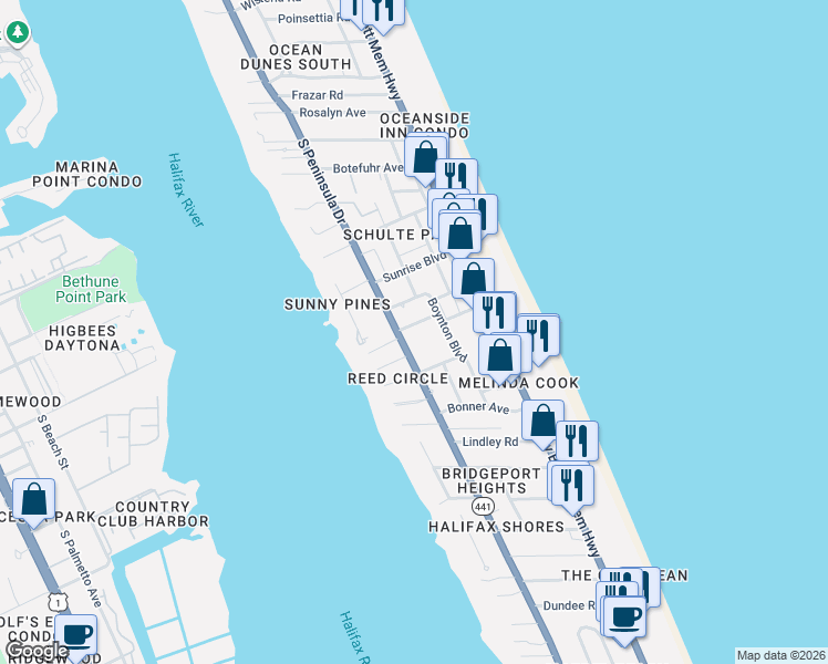 map of restaurants, bars, coffee shops, grocery stores, and more near 108 Adele Avenue in Daytona Beach