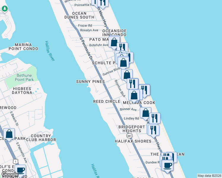 map of restaurants, bars, coffee shops, grocery stores, and more near 108 Adele Avenue in Daytona Beach
