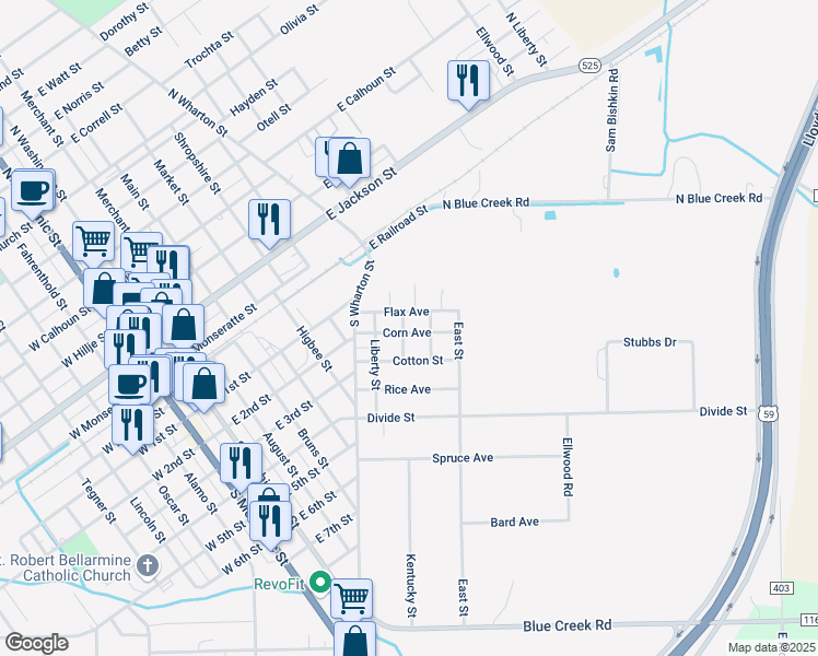 map of restaurants, bars, coffee shops, grocery stores, and more near 1009 Corn Avenue in El Campo
