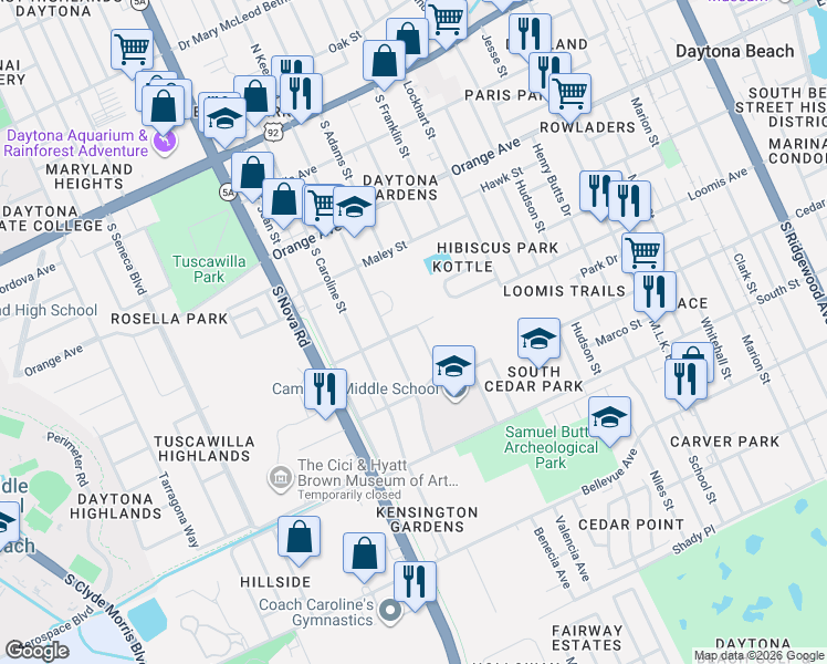 map of restaurants, bars, coffee shops, grocery stores, and more near 875 Loomis Avenue in Daytona Beach