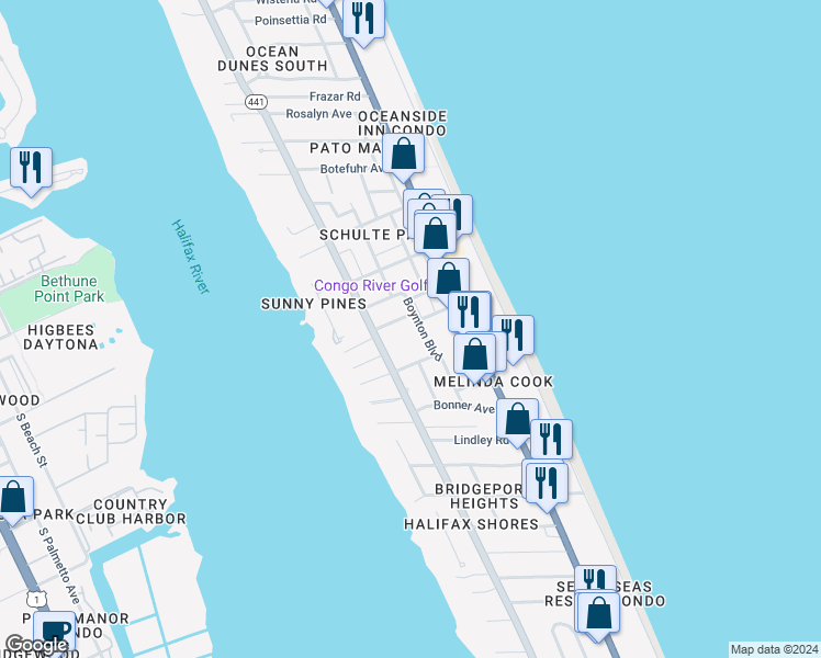 map of restaurants, bars, coffee shops, grocery stores, and more near 141 Boynton Boulevard in Daytona Beach